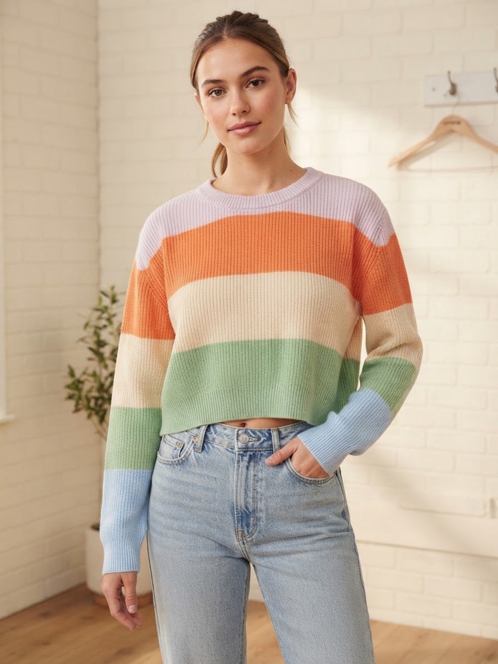 Cotton On Pastel Striped Cropped Crewneck Sweater